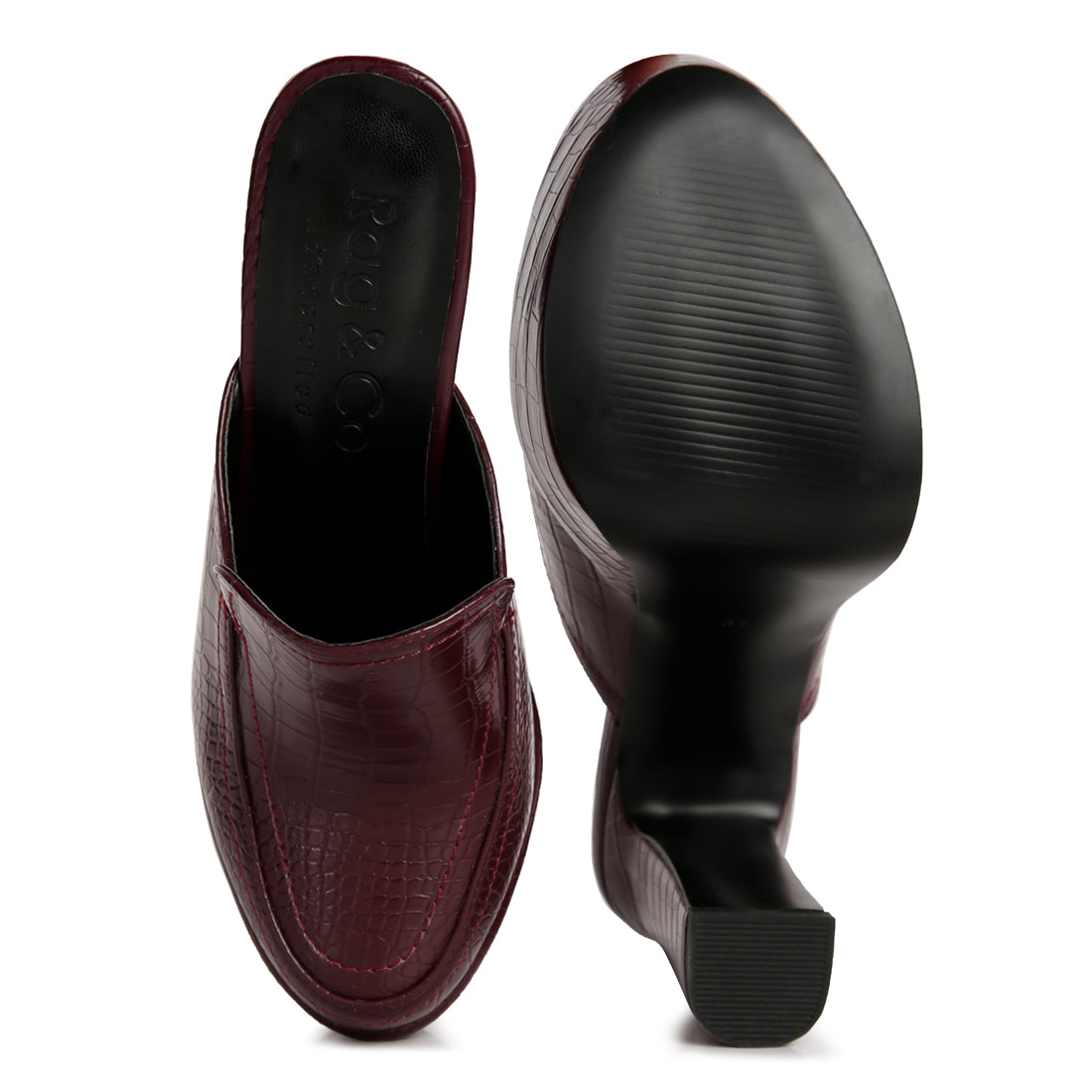 croc pattern heeled platform mules#color_burgundy