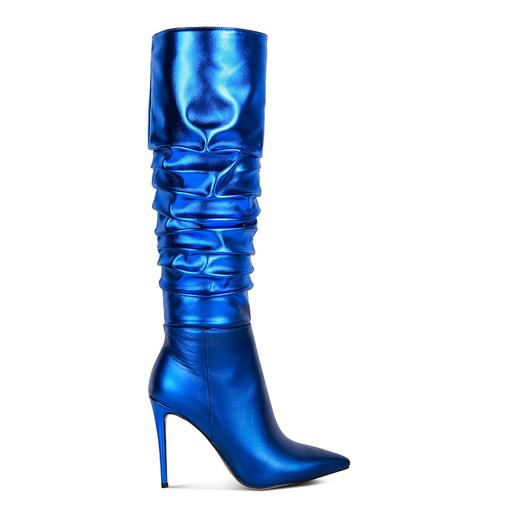 metallic ruched stiletto calf boots#color_blue