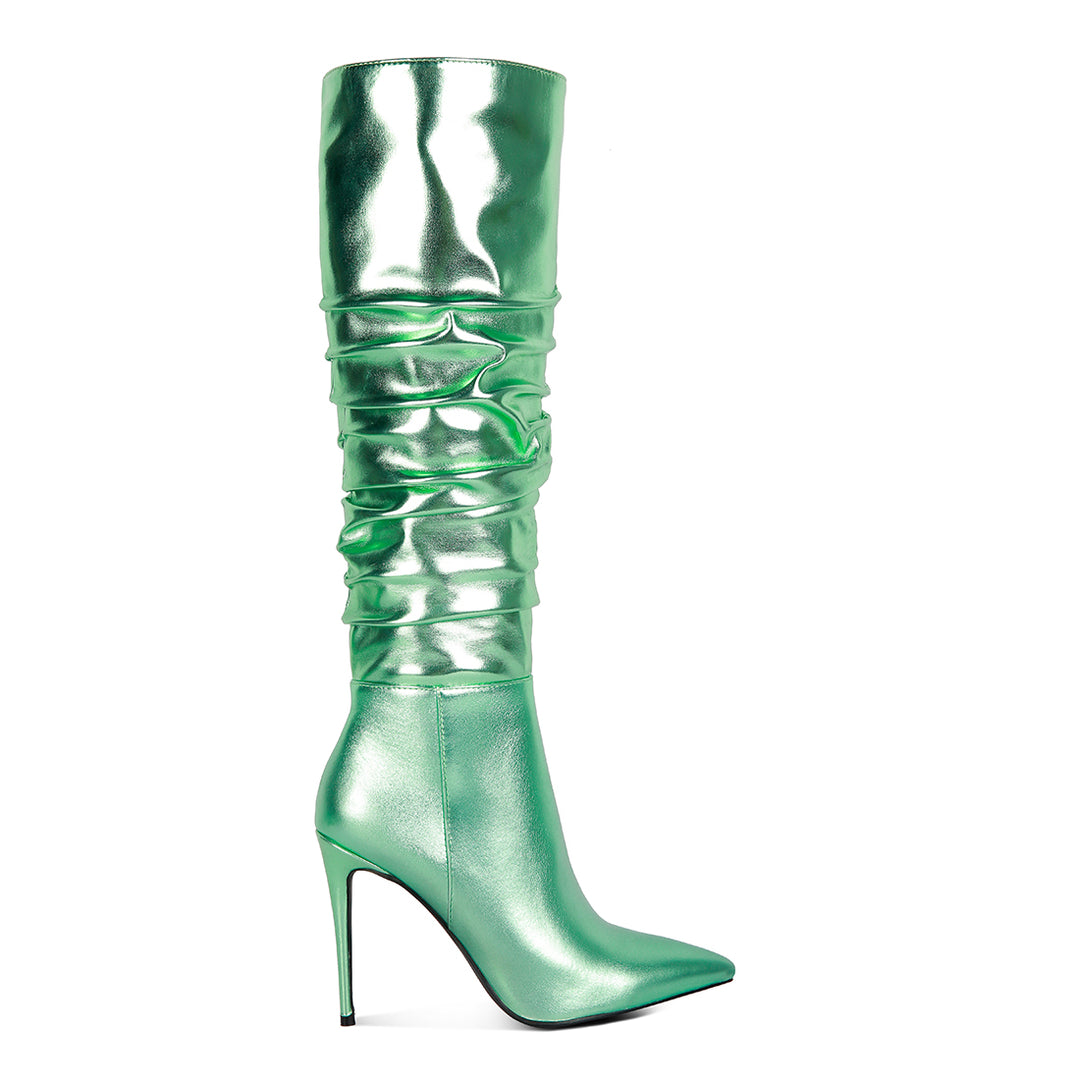 metallic ruched stiletto calf boots#color_mint