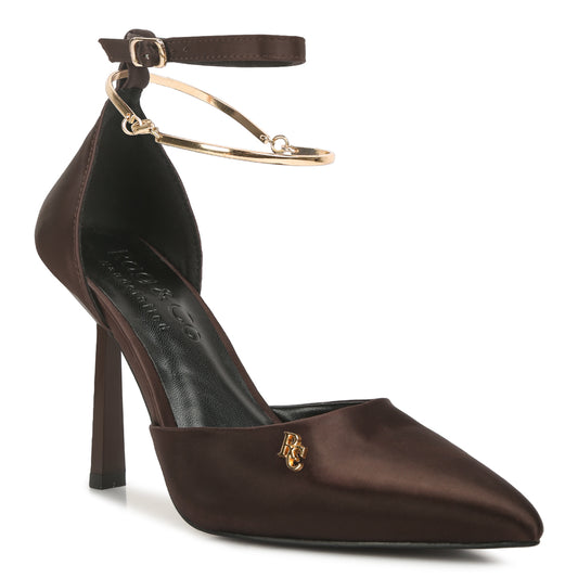 Satin High Heeled Anklet Sandals In Brown