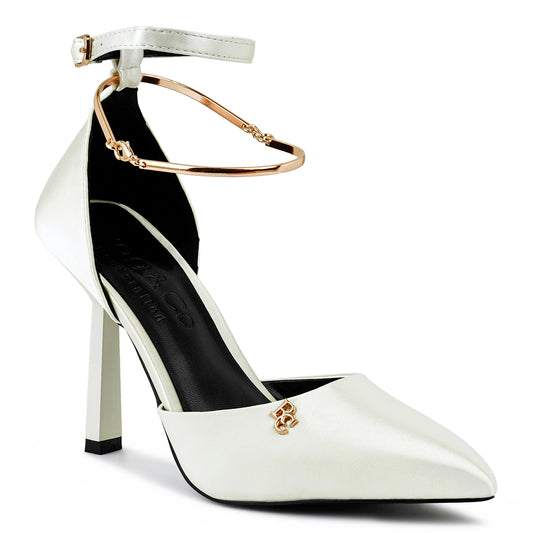 Satin High Heeled Anklet Sandals In White