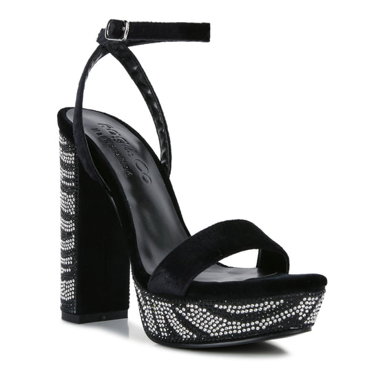Black Diamante Studded High Block Heel Sandals