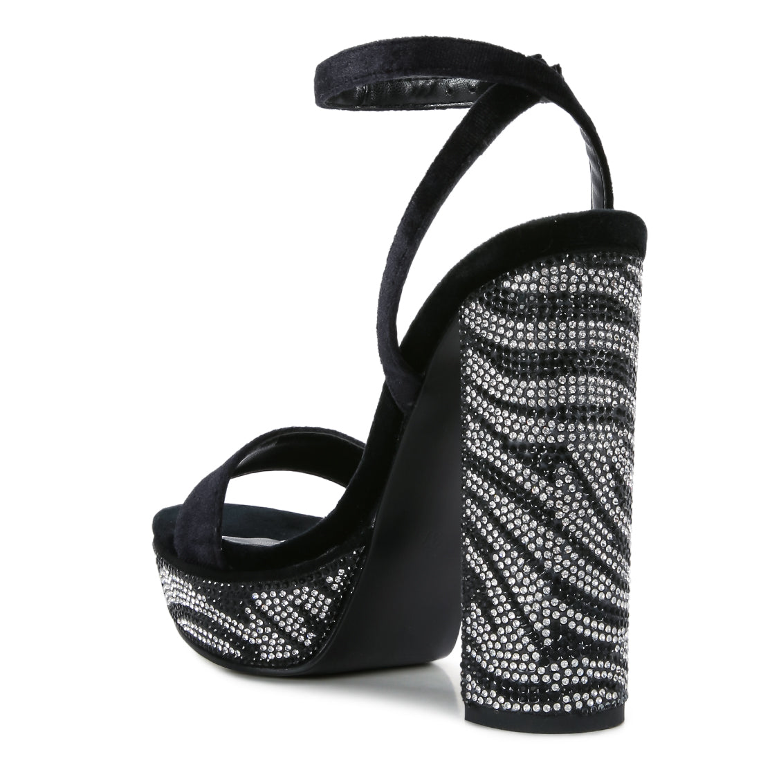 Black Diamante Studded High Block Heel Sandals