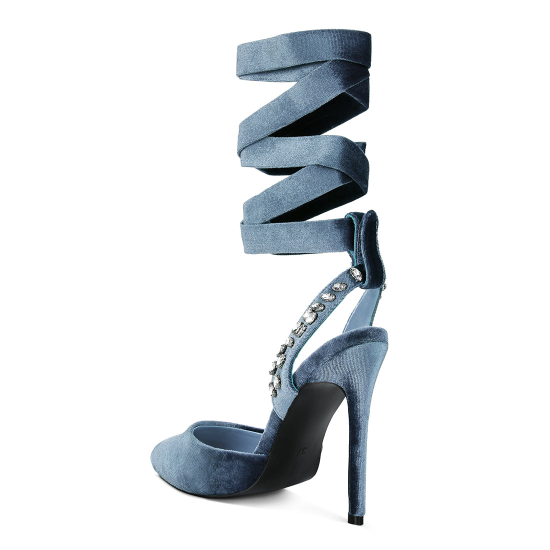 Blue Velvet Diamante Stud Tie Up Sandals