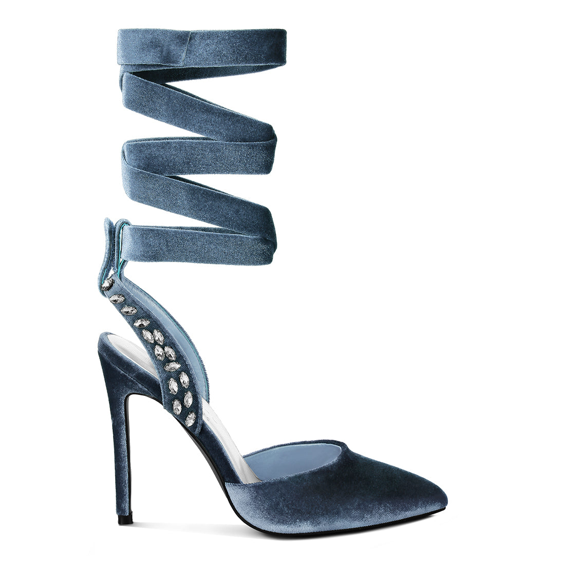 Blue Velvet Diamante Stud Tie Up Sandals