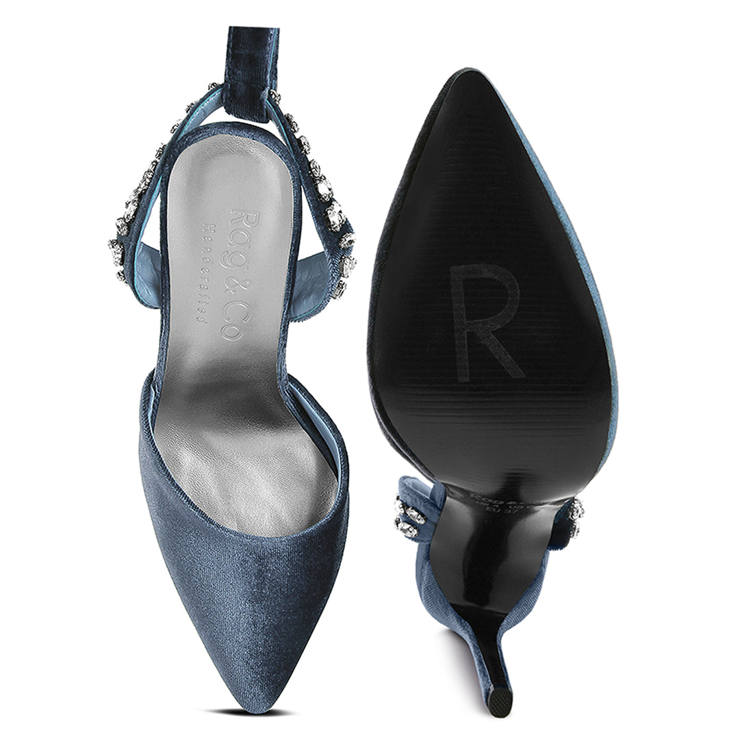 Blue Velvet Diamante Stud Tie Up Sandals