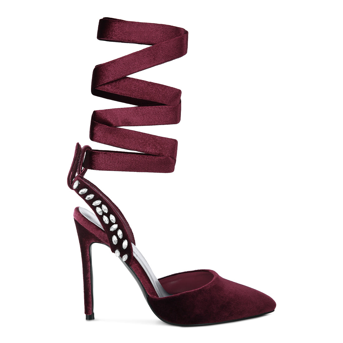 Burgundy Velvet Diamante Stud Tie Up Sandals