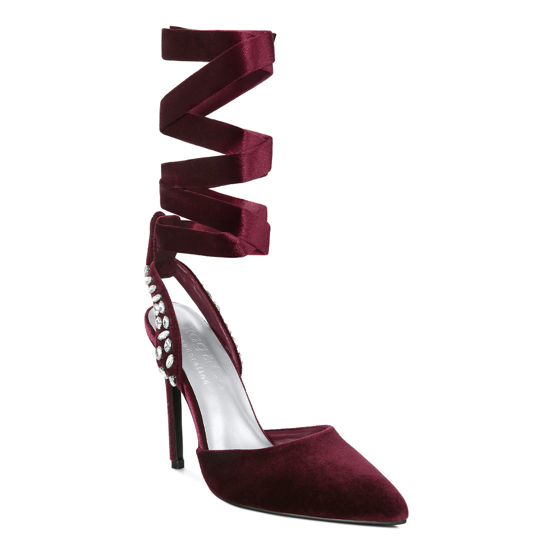 Burgundy Velvet Diamante Stud Tie Up Sandals