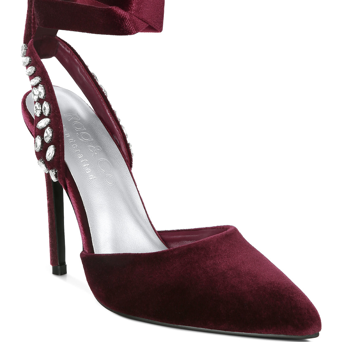 Burgundy Velvet Diamante Stud Tie Up Sandals