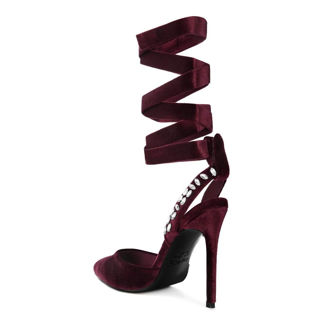 Burgundy Velvet Diamante Stud Tie Up Sandals