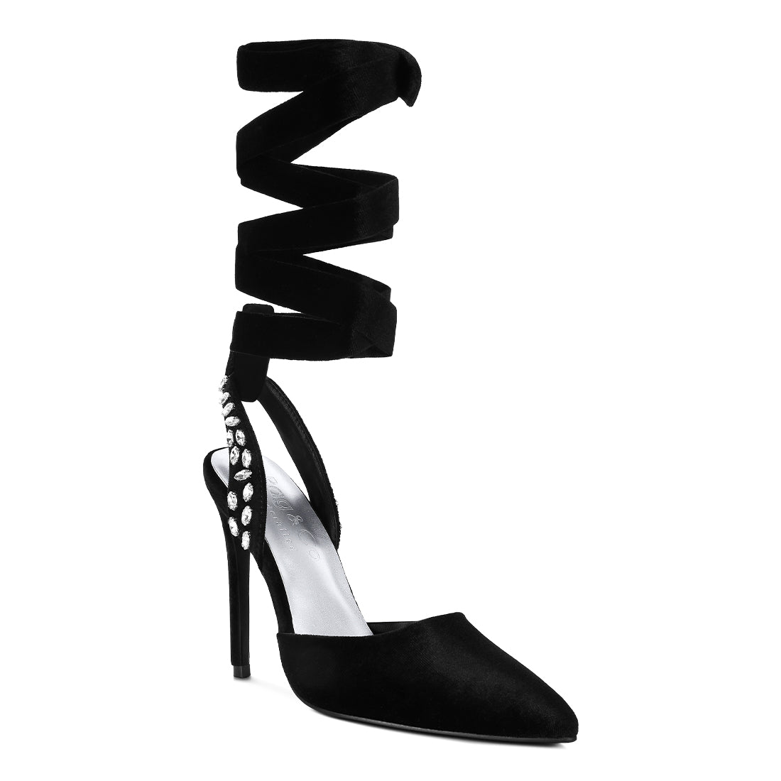 Black Velvet Diamante Tie Up High Heeled Sandals