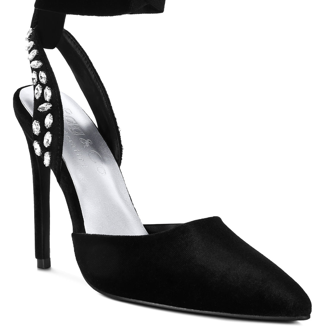 Black Velvet Diamante Tie Up High Heeled Sandals