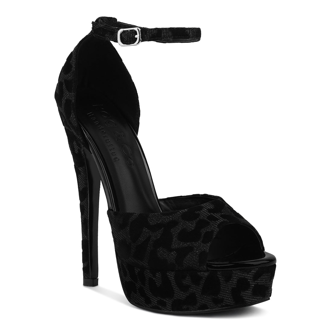printed peep toe high heeled sandal#color_black