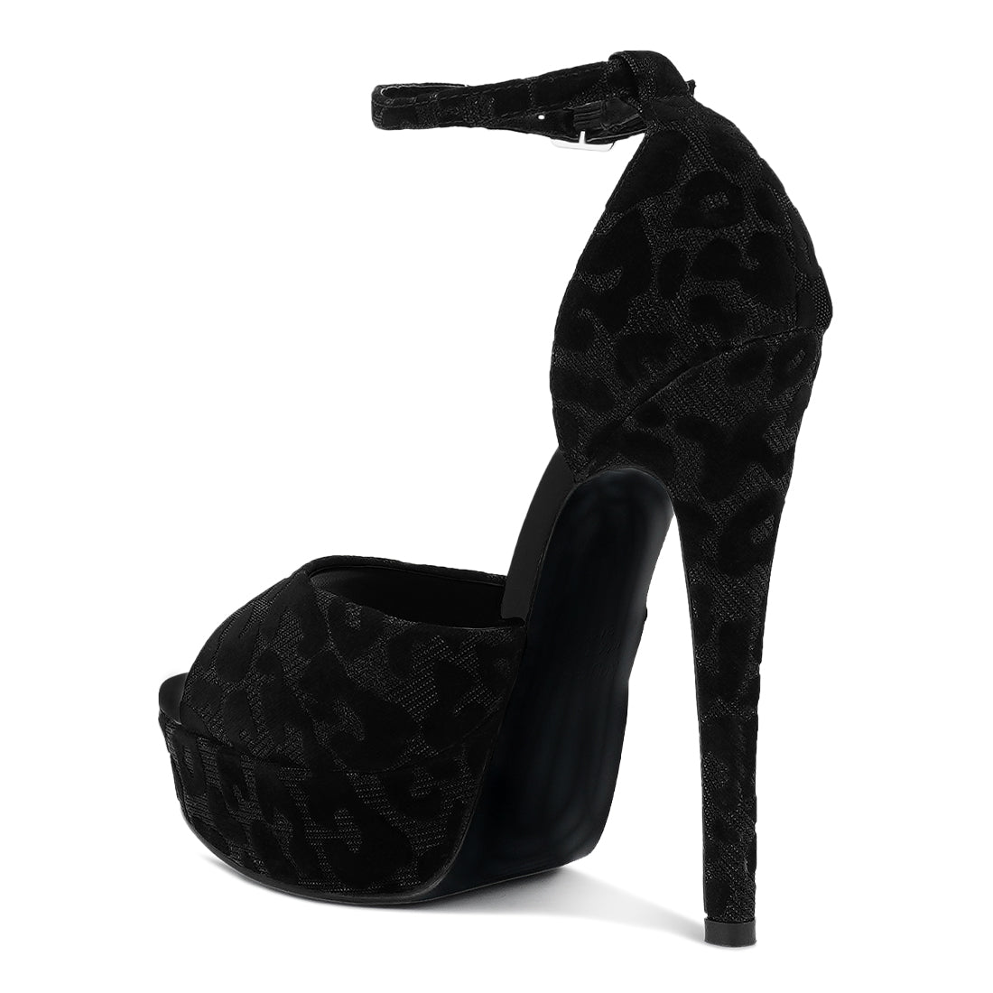 printed peep toe high heeled sandal#color_black