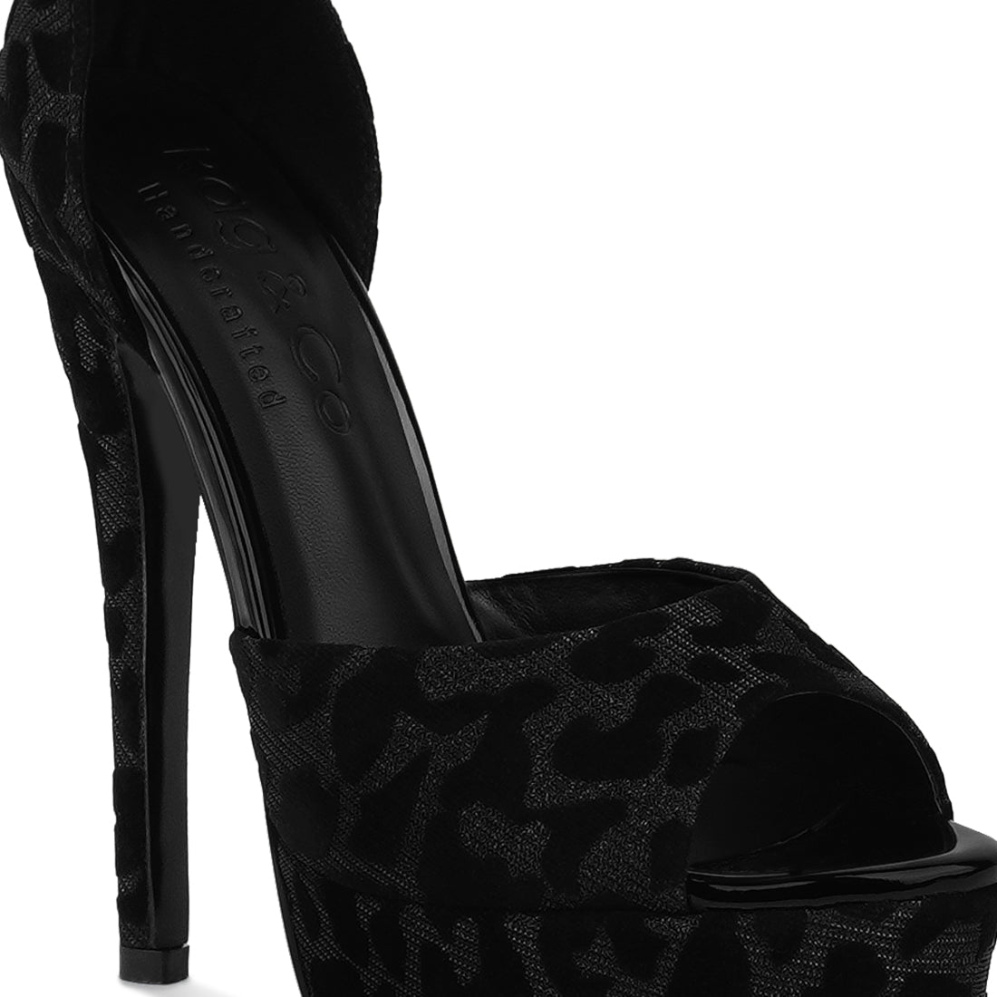 printed peep toe high heeled sandal#color_black