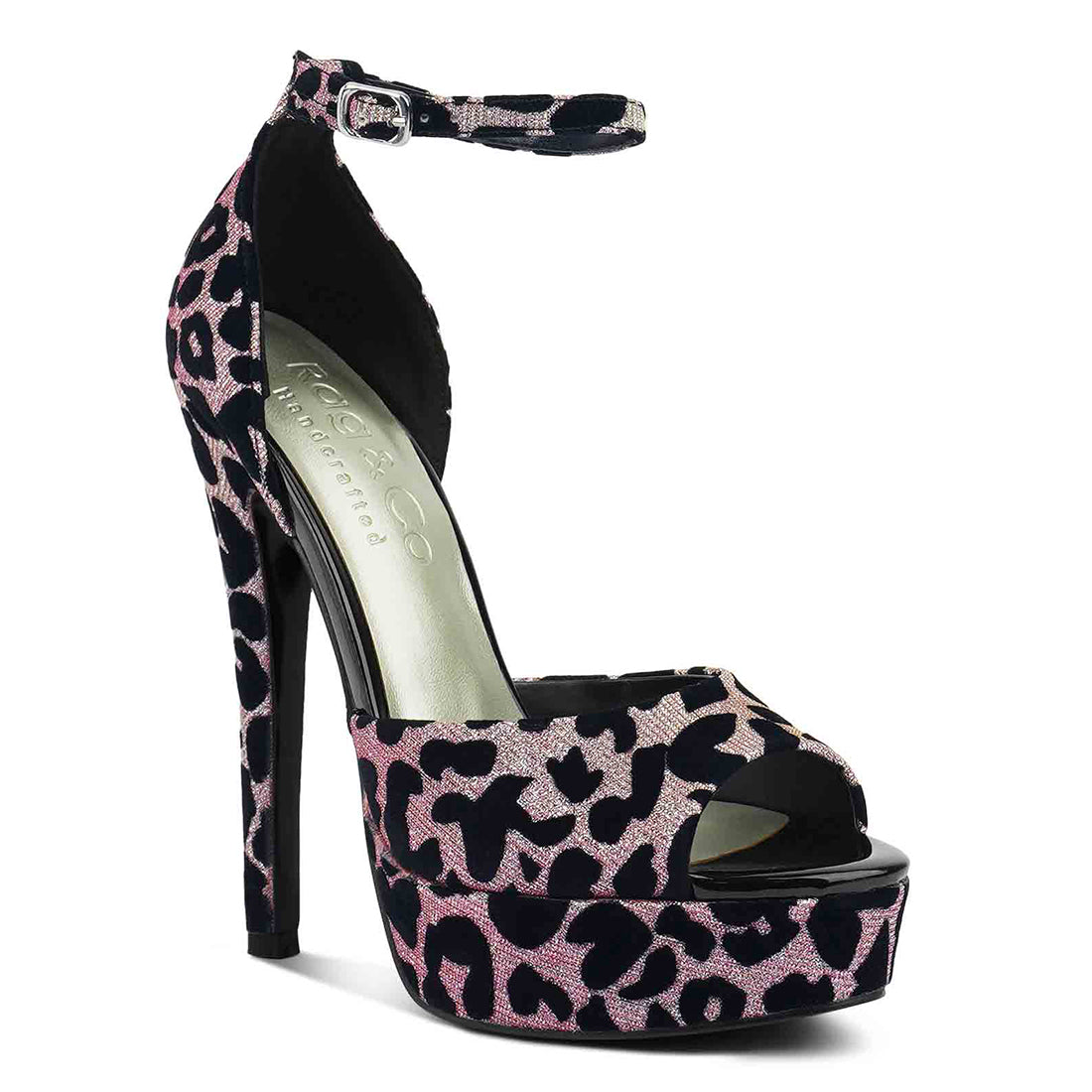 printed peep toe high heeled sandal#color_pink