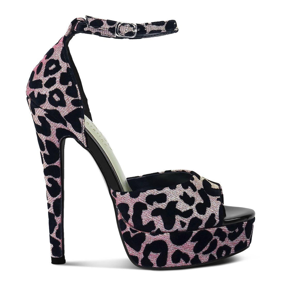 printed peep toe high heeled sandal#color_pink