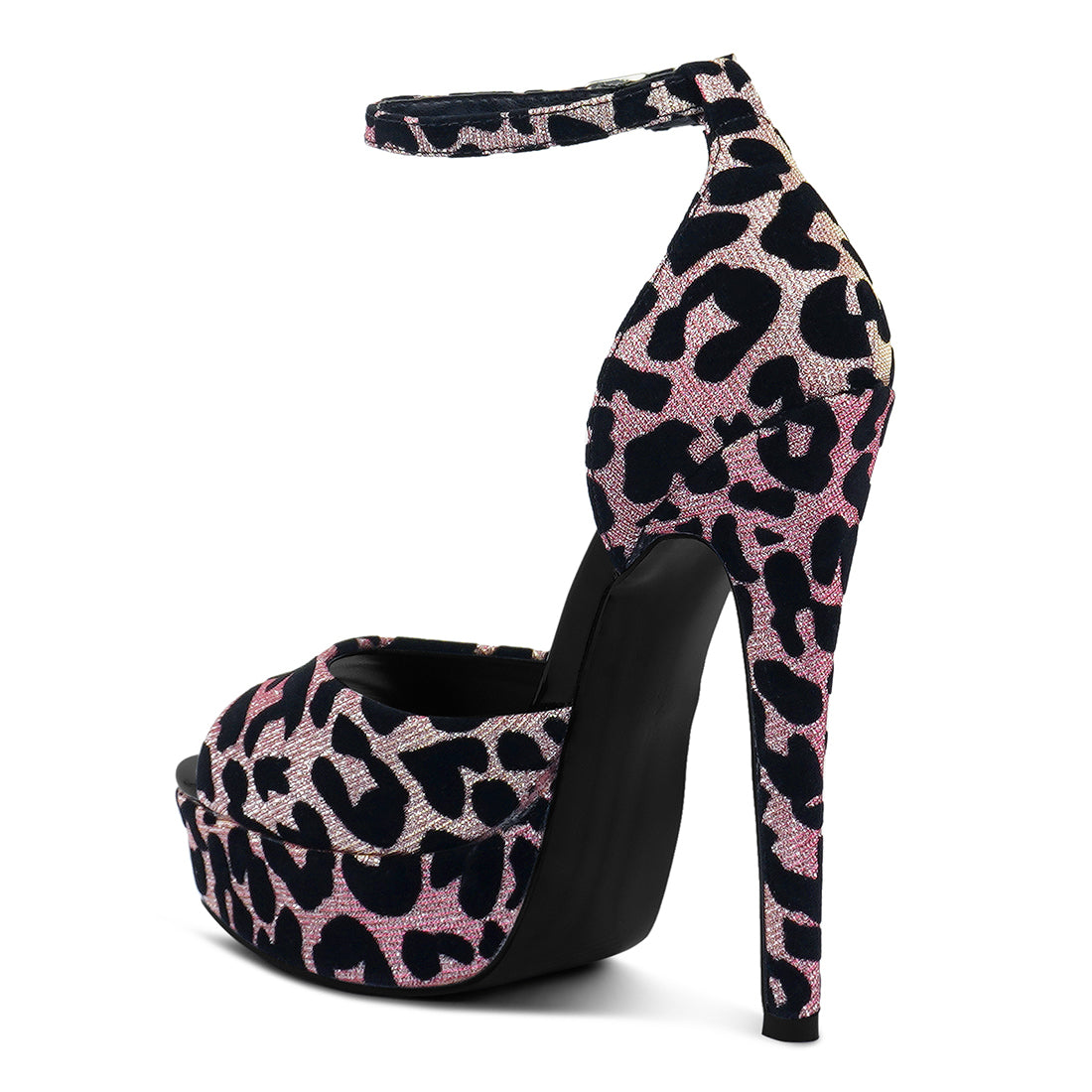 printed peep toe high heeled sandal#color_pink
