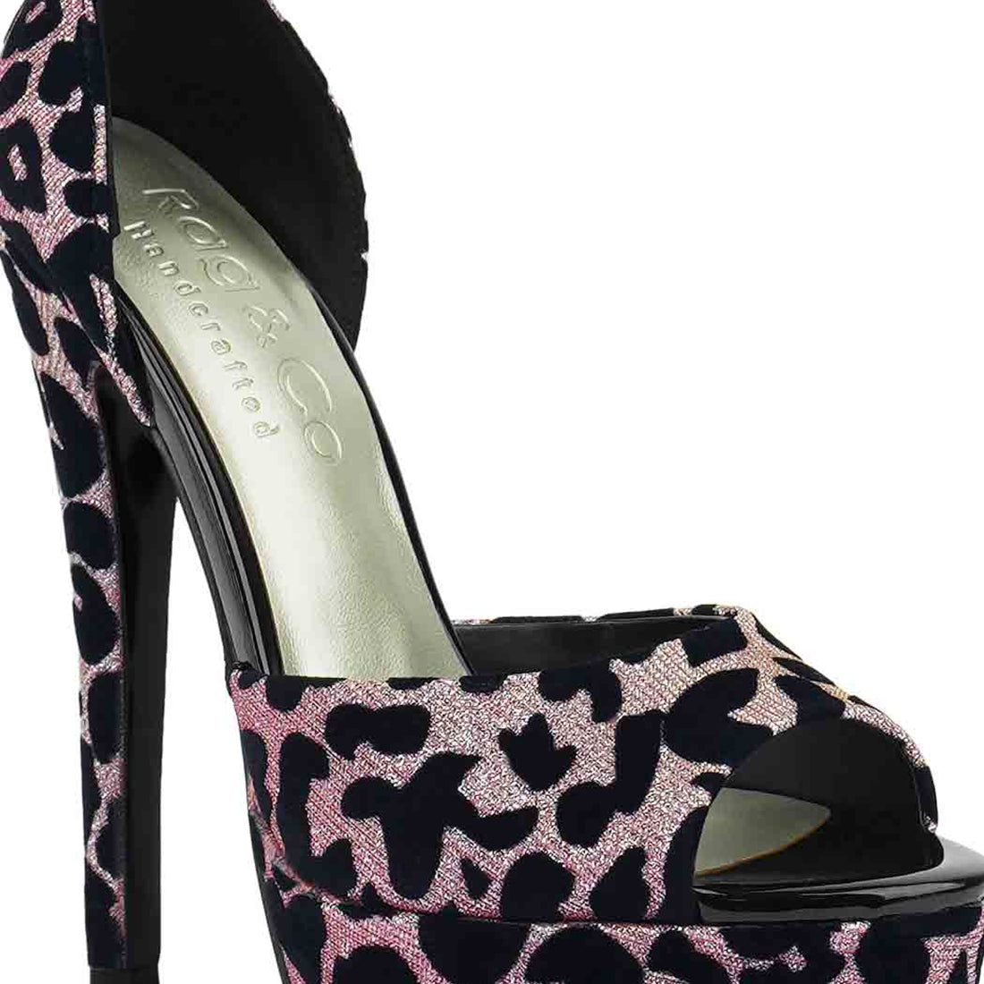 printed peep toe high heeled sandal#color_pink
