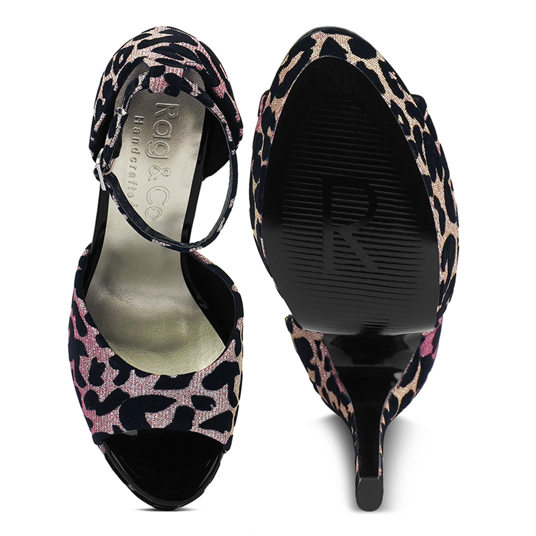 printed peep toe high heeled sandal#color_pink