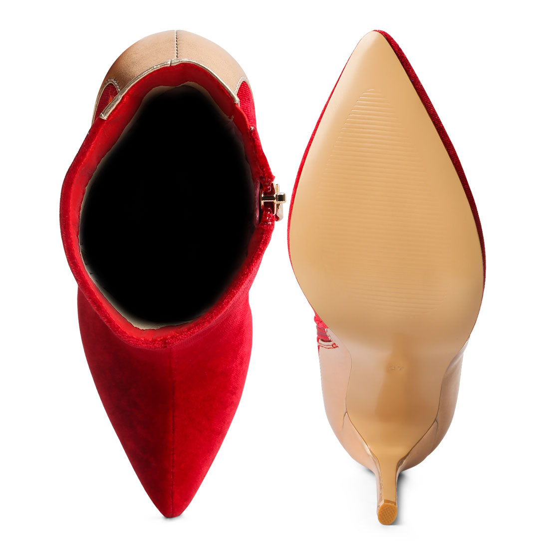 metallic highlight high heeled ankle boots#color_red