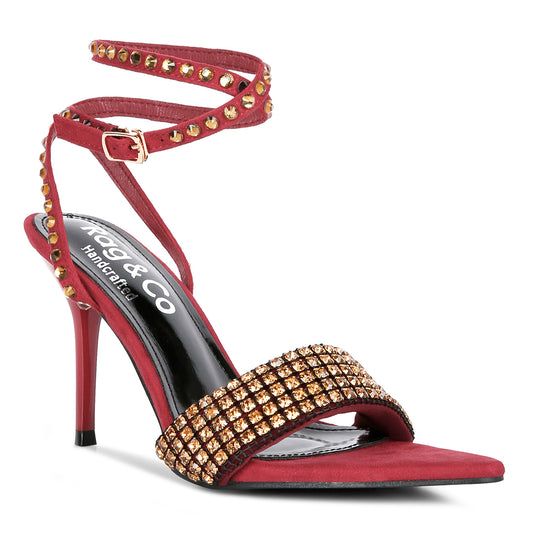 Burgundy High Heeled Diamante Sandals