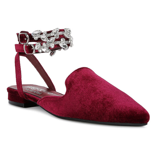 Burgundy Velvet Luxe Jewelled Flat Mules