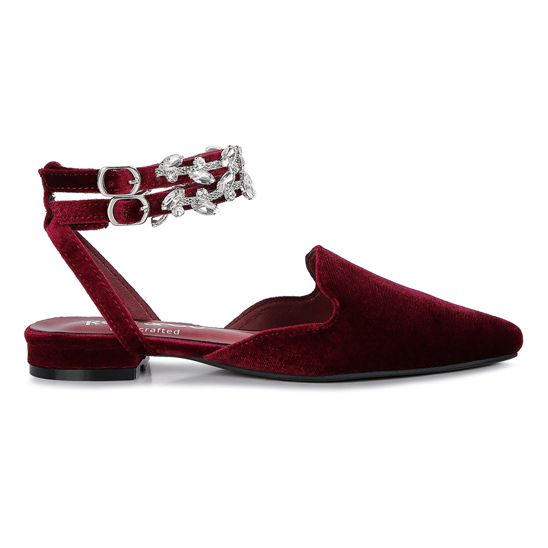 Burgundy Velvet Luxe Jewelled Flat Mules
