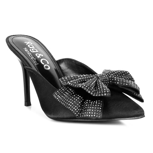 Black Diamante Bow Heeled Mules