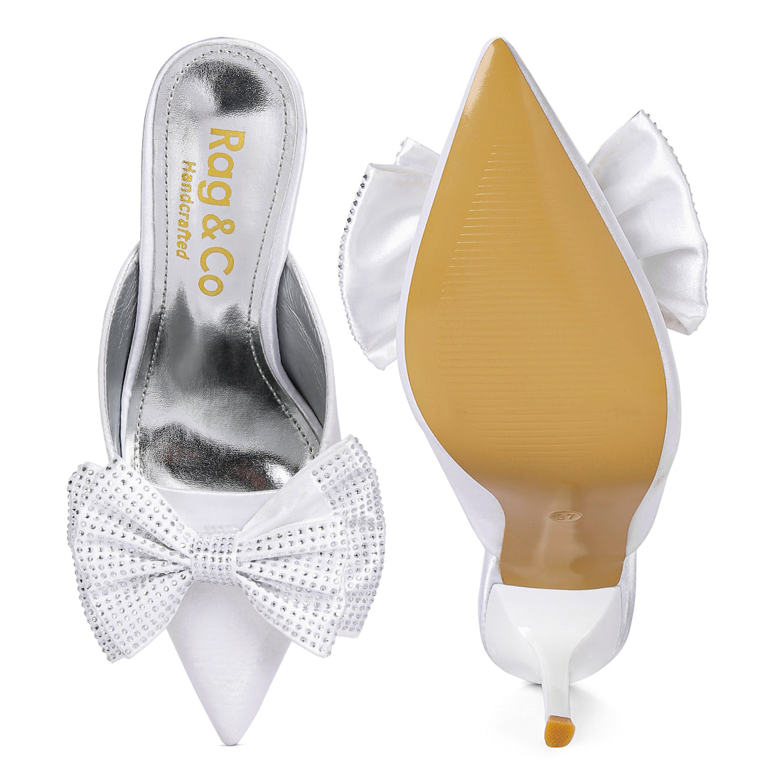 White Diamante Bow Heeled Mules