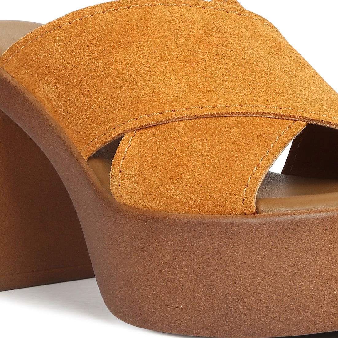 criss cross strap block heel sandals#color_tan