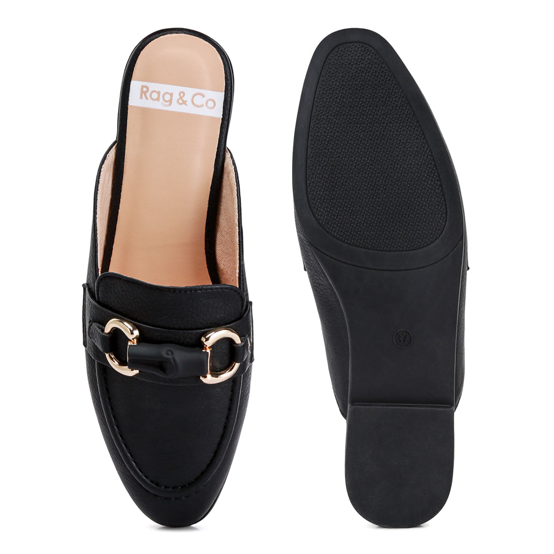 horsebit embellished raffia slip on mules#color_black