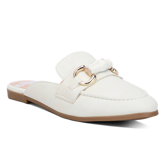 horsebit embellished raffia slip on mules#color_white
