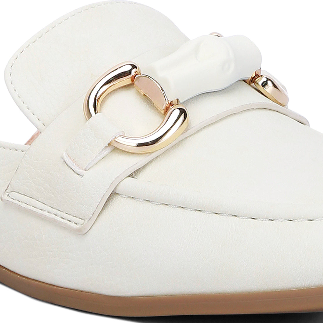 horsebit embellished raffia slip on mules#color_white