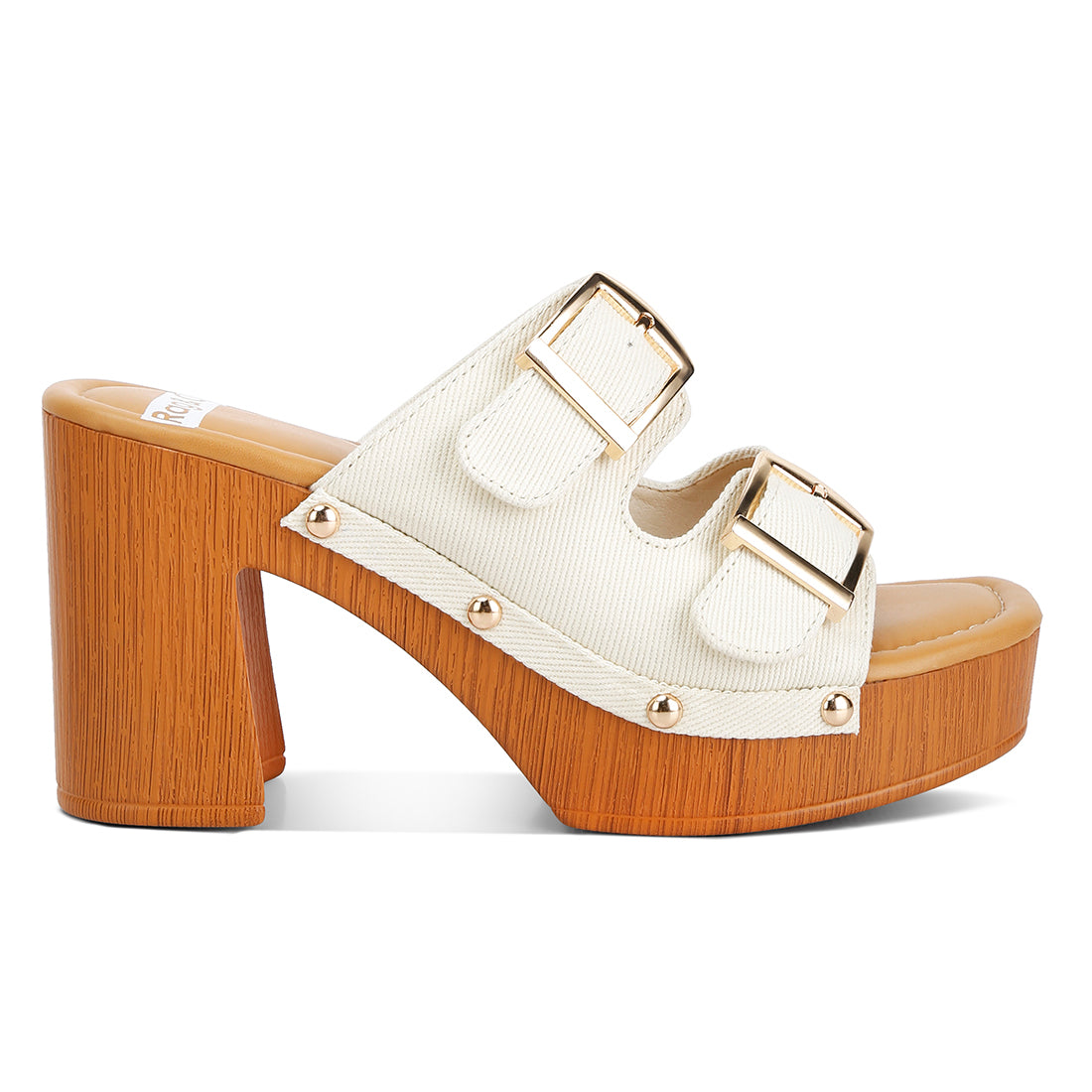 buckle straps high block heel clogs#color_beige