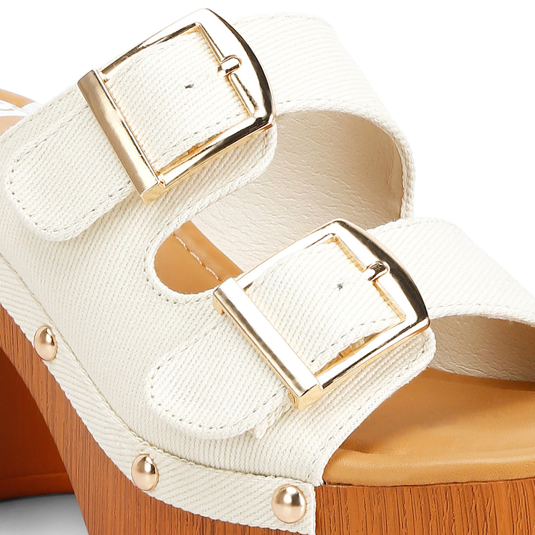 buckle straps high block heel clogs#color_beige