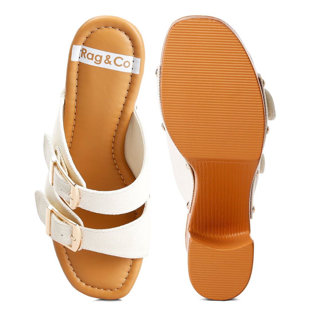 buckle straps high block heel clogs#color_beige