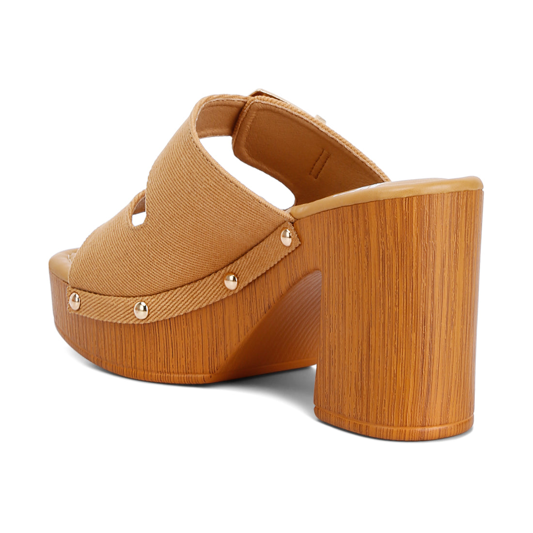 buckle straps high block heel mules#color_tan