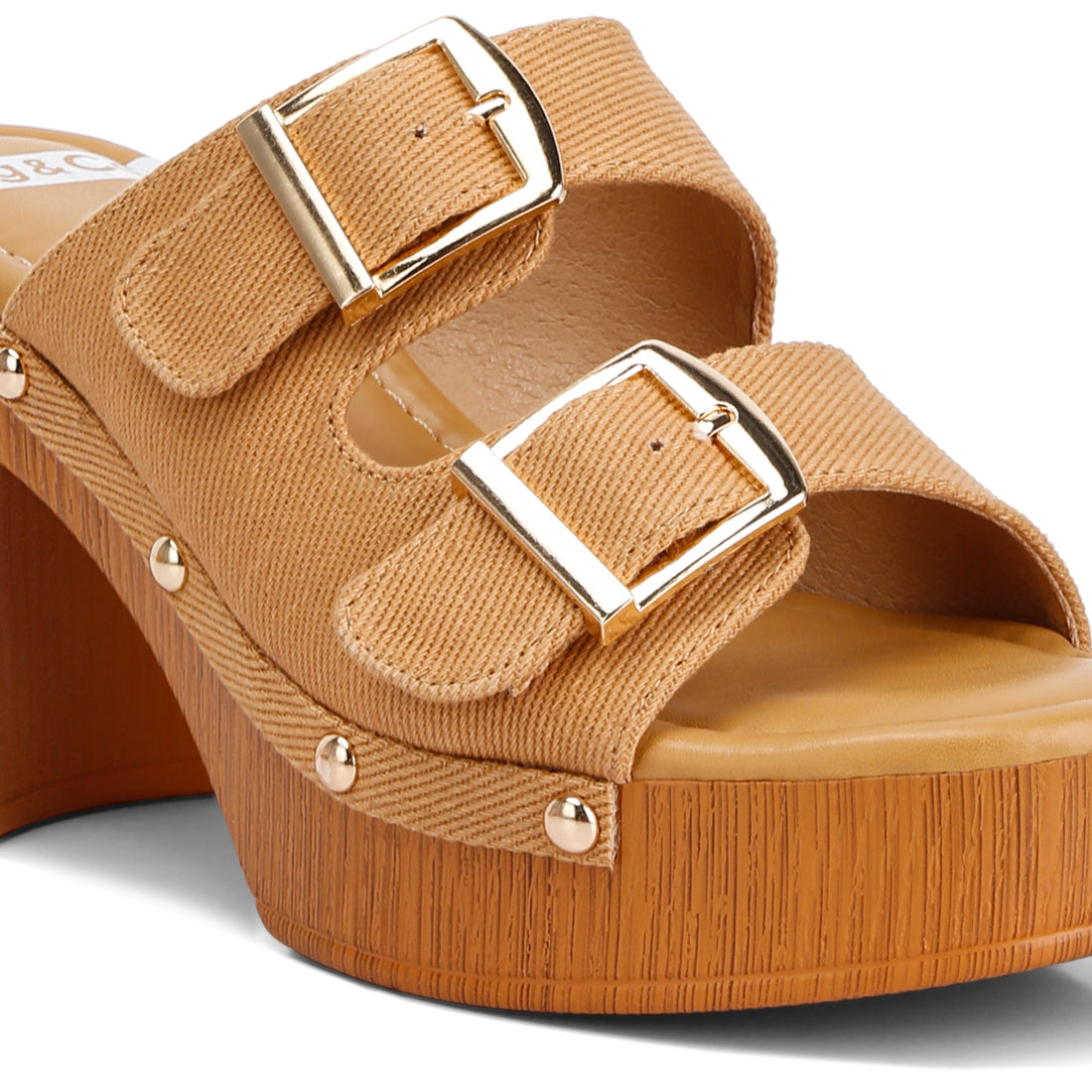 buckle straps high block heel mules#color_tan