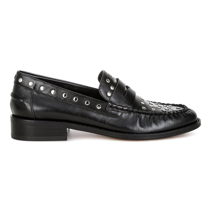 studs embellished leather loafers
#color_black