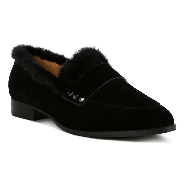 fur trim suede loafers#color_black