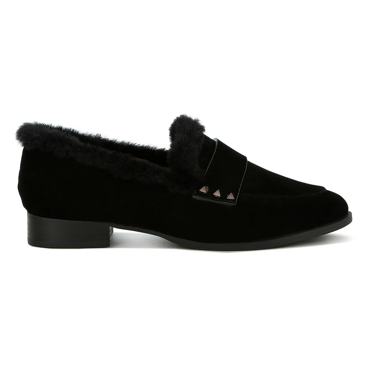 fur trim suede loafers#color_black