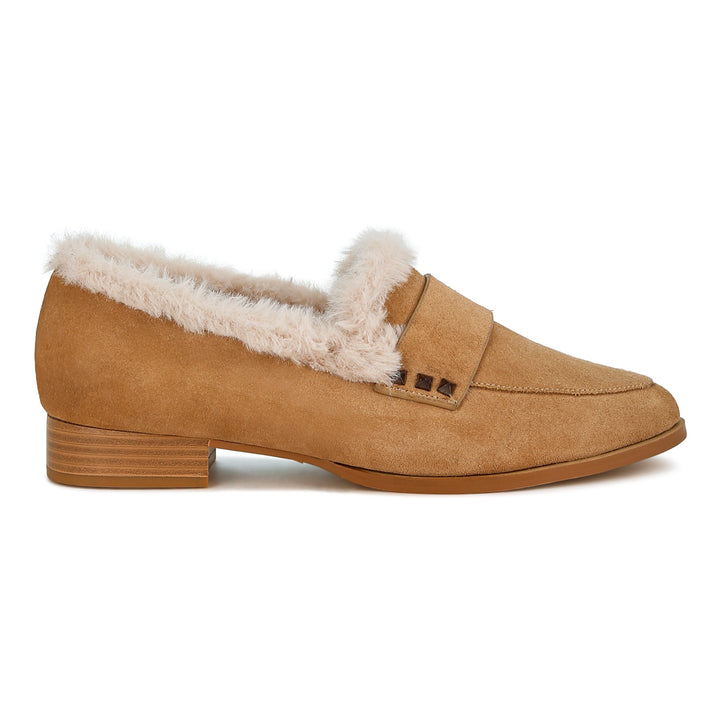 fur trim suede loafers#color_beige