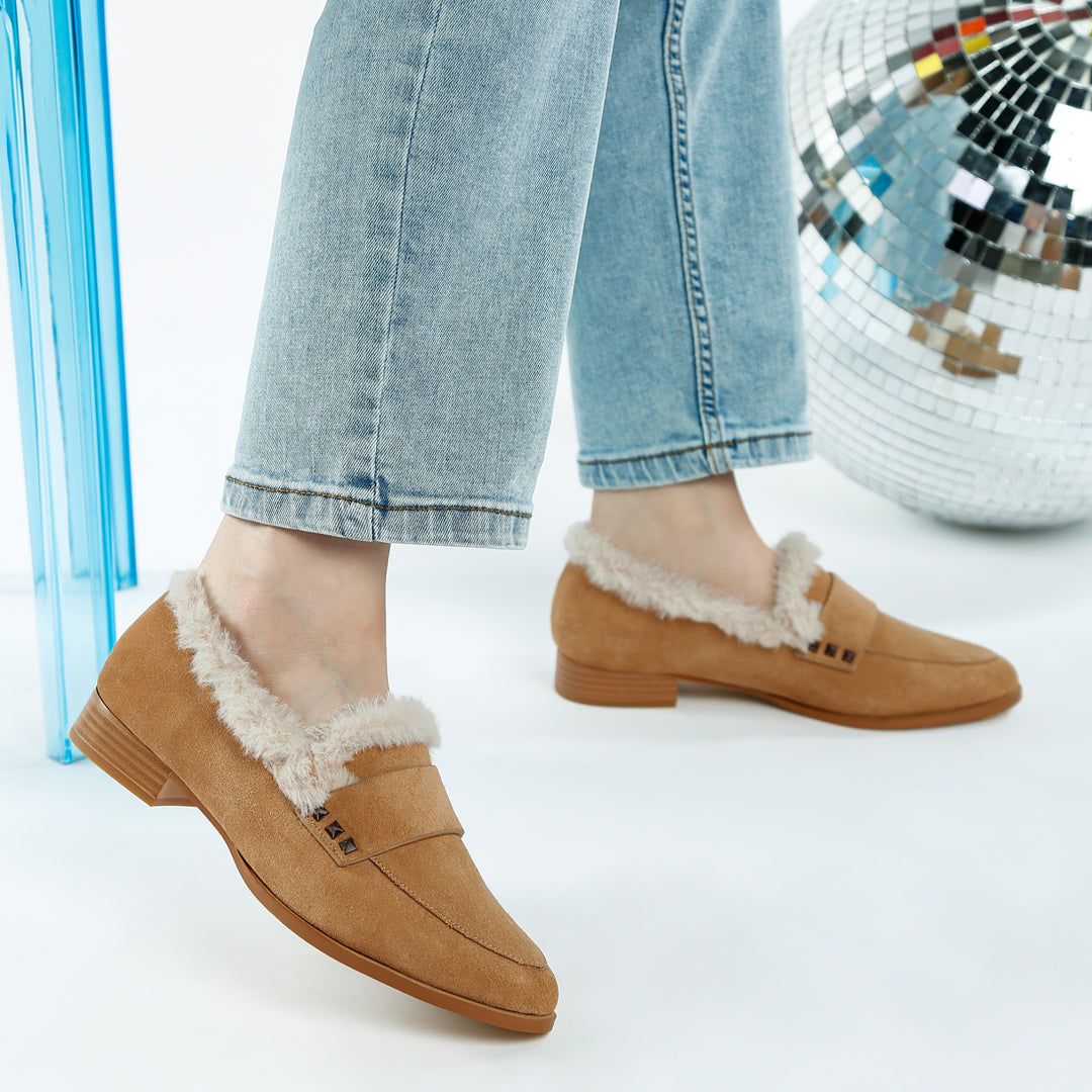 fur trim suede loafers#color_beige