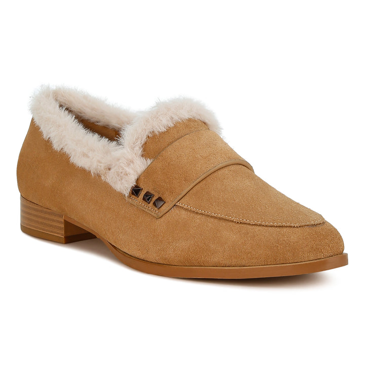 fur trim suede loafers#color_beige