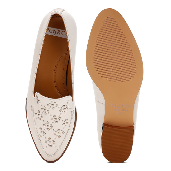 studded genuine leather loafers
#color_white