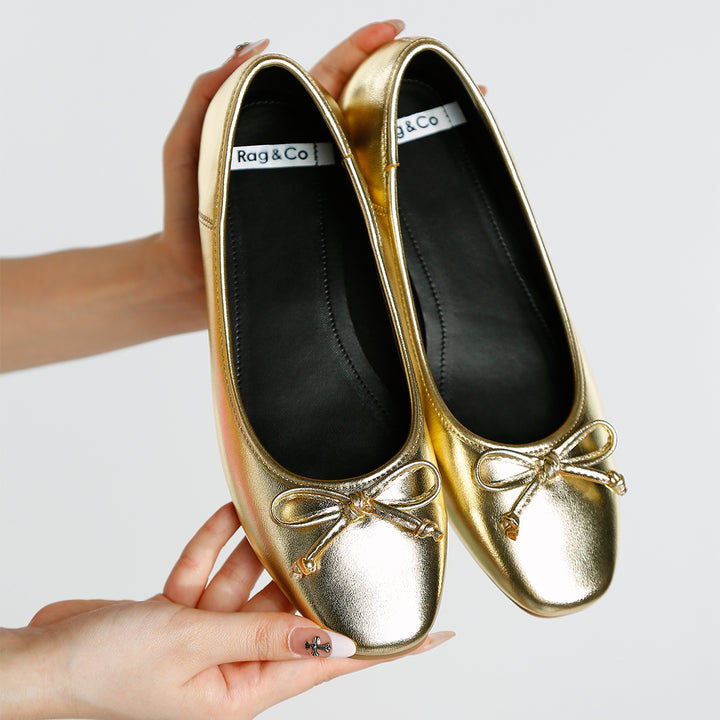 bow detail metallic ballerinas#color_gold