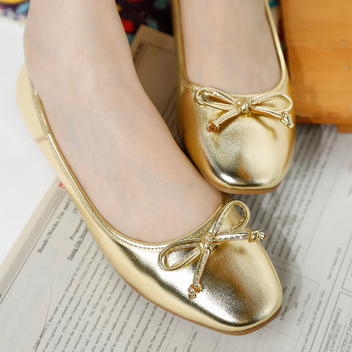 bow detail metallic ballerinas#color_gold