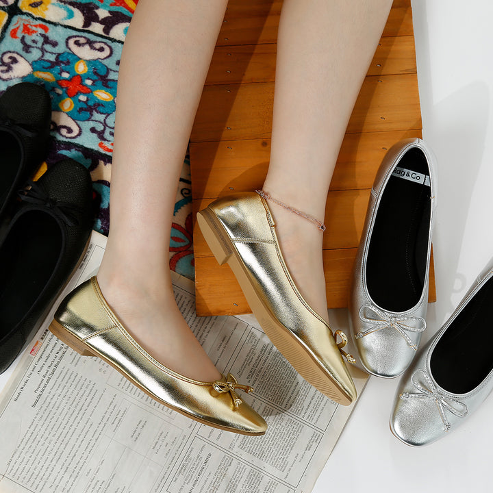 bow detail metallic ballerinas#color_gold