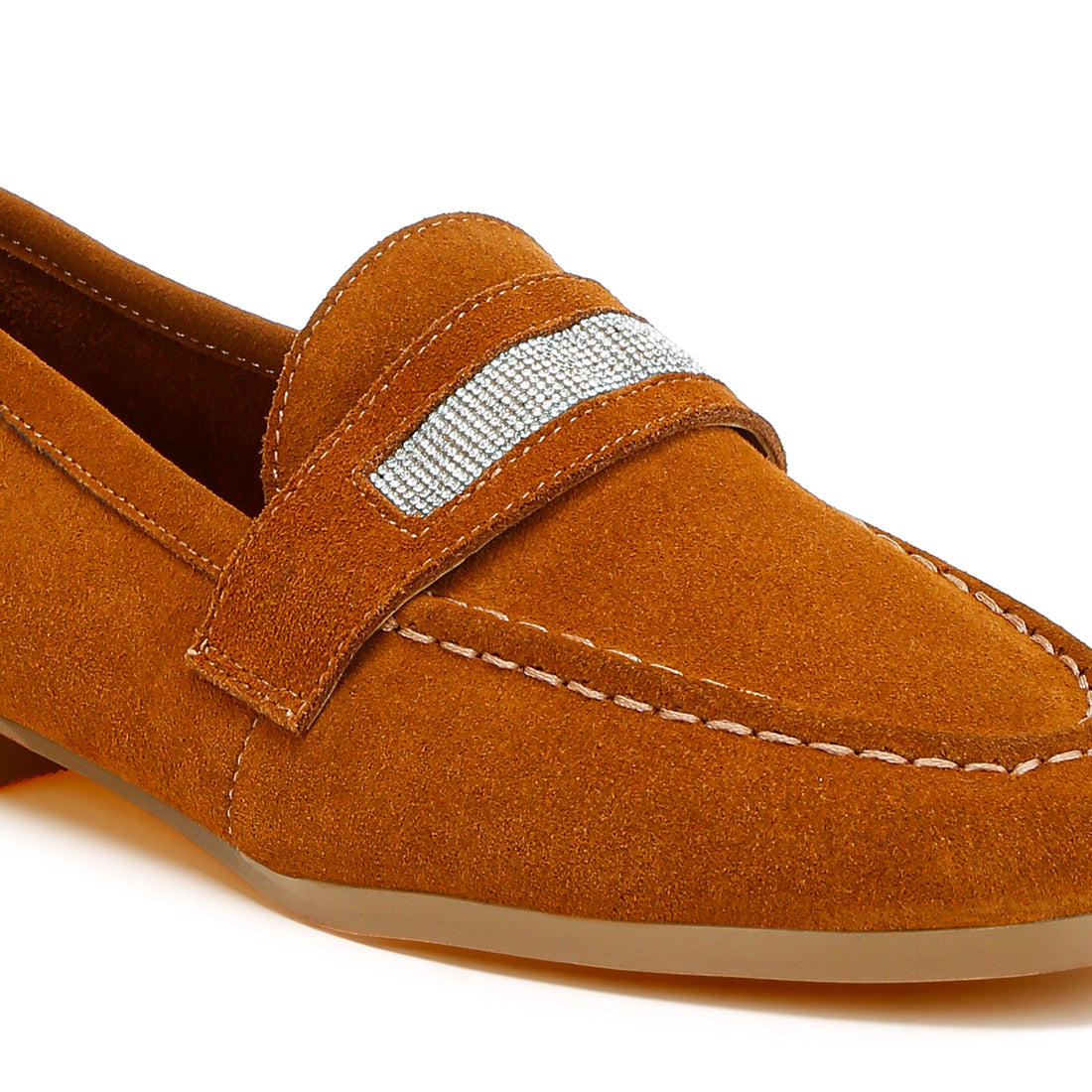 rhinestone penny strap loafers#color_tan